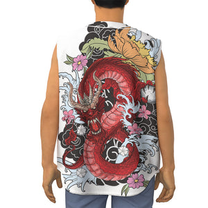 Red Japanese Dragon Tattoo Print Sleeveless Baseball Jersey