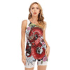 Red Japanese Dragon Tattoo Print Sleeveless One Piece Swimsuit