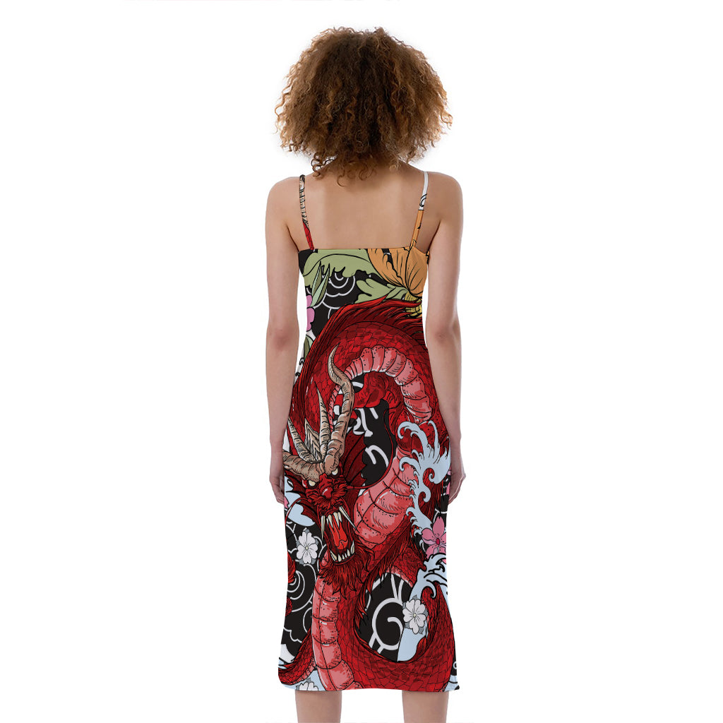 Red Japanese Dragon Tattoo Print Slim Fit Midi Cami Dress