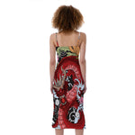 Red Japanese Dragon Tattoo Print Slim Fit Midi Cami Dress