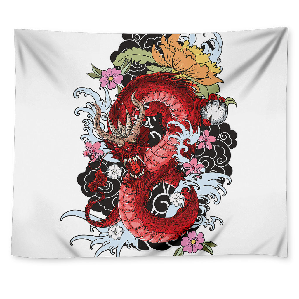 Red Japanese Dragon Tattoo Print Tapestry