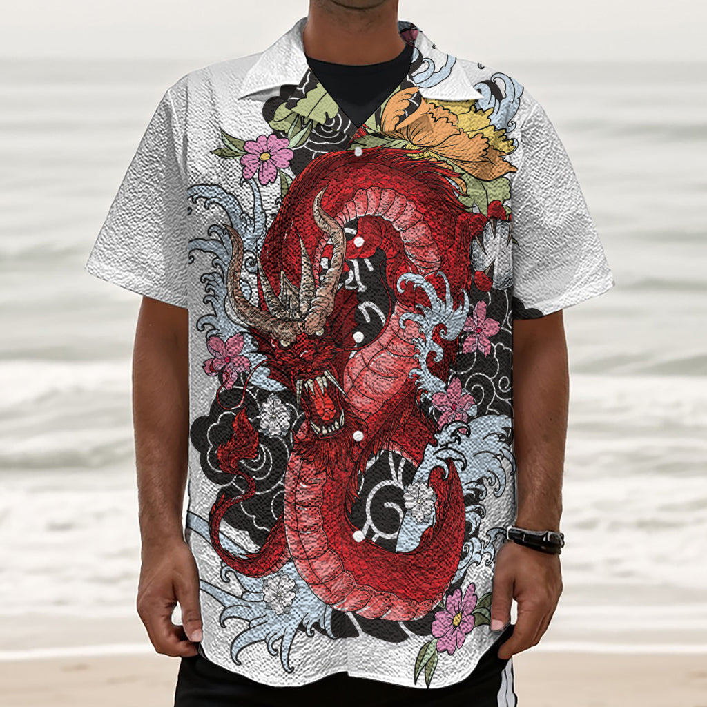 Red Japanese Dragon Tattoo Print Textured Short Sleeve Shirt