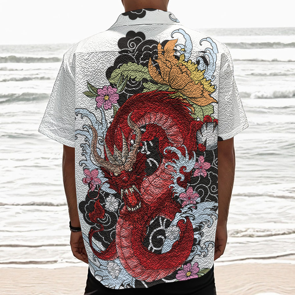 Red Japanese Dragon Tattoo Print Textured Short Sleeve Shirt