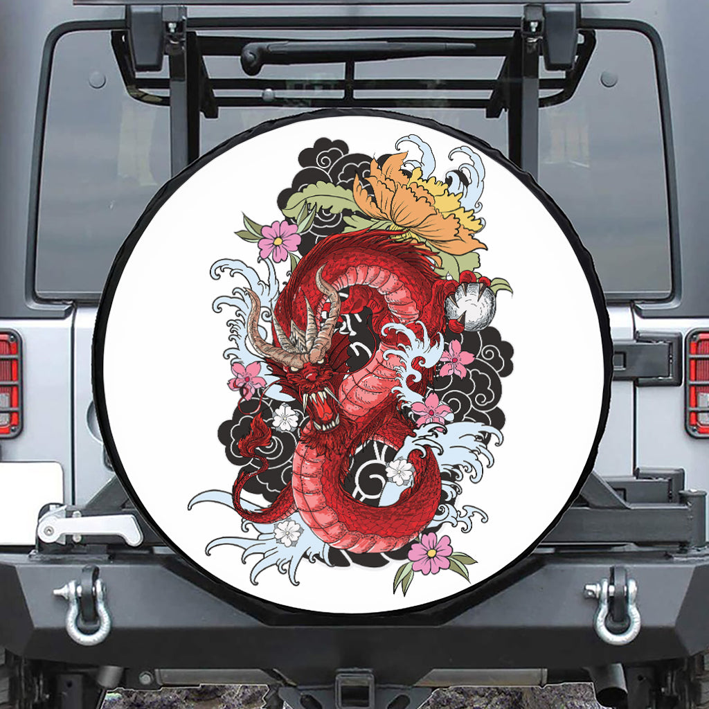 Red Japanese Dragon Tattoo Print Tire Cover