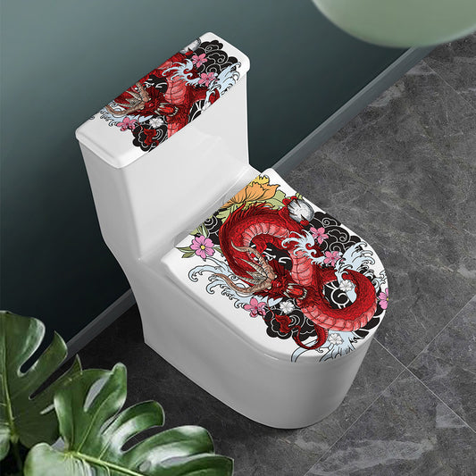 Red Japanese Dragon Tattoo Print Toilet Lid And Tank Cover Set