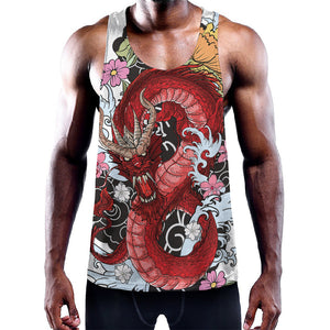 Red Japanese Dragon Tattoo Print Training Tank Top