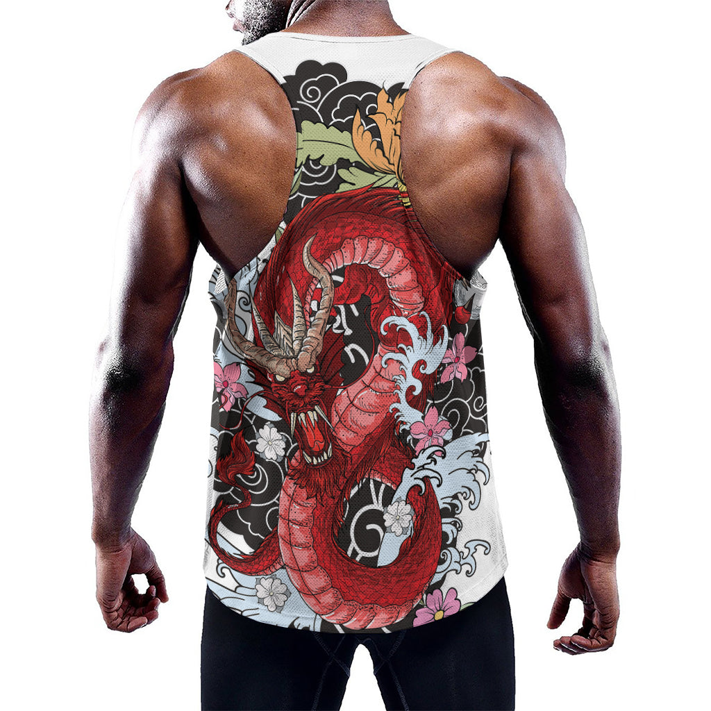 Red Japanese Dragon Tattoo Print Training Tank Top