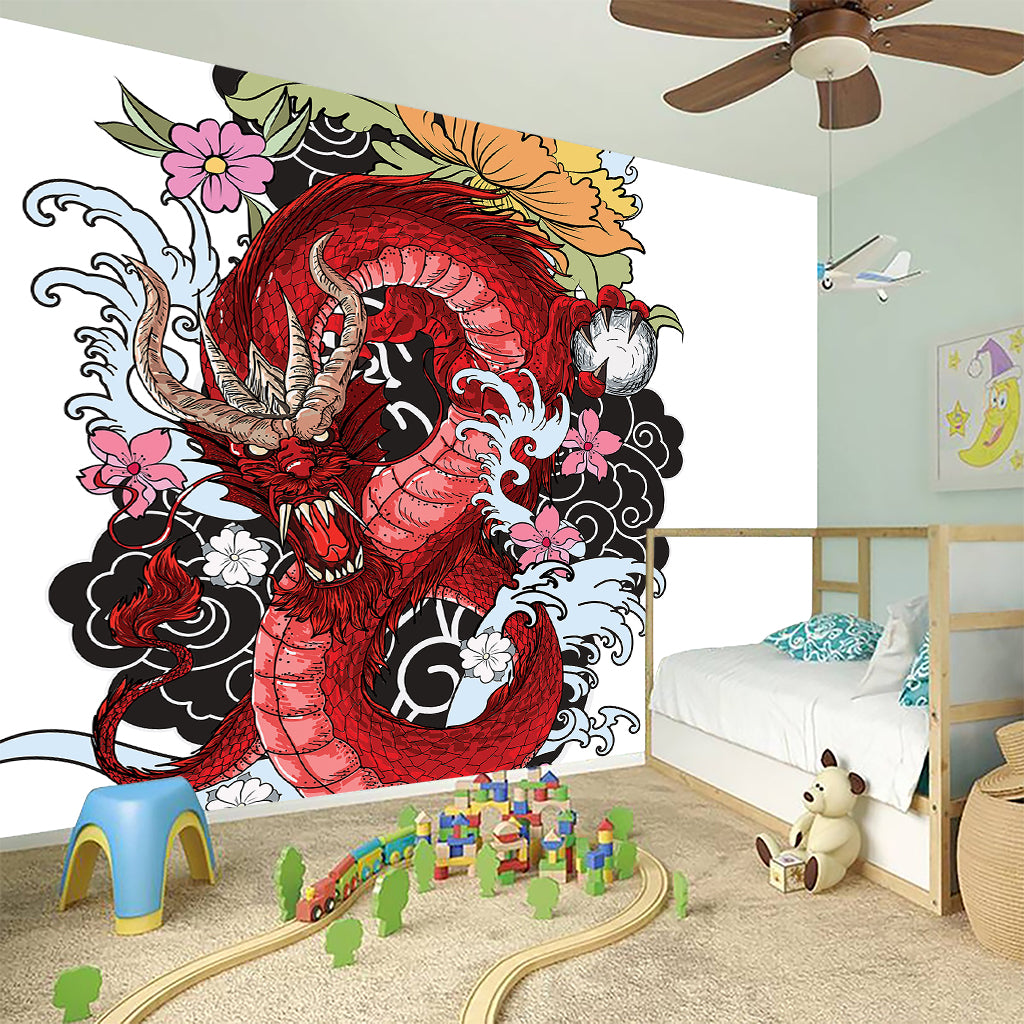 Red Japanese Dragon Tattoo Print Wall Sticker