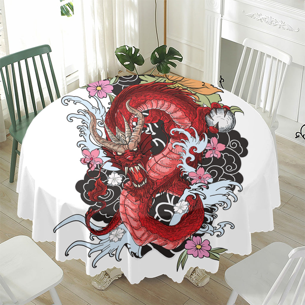 Red Japanese Dragon Tattoo Print Waterproof Round Tablecloth