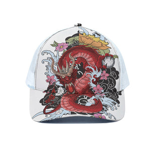 Red Japanese Dragon Tattoo Print White Mesh Trucker Cap