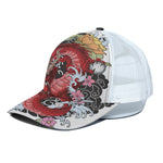 Red Japanese Dragon Tattoo Print White Mesh Trucker Cap