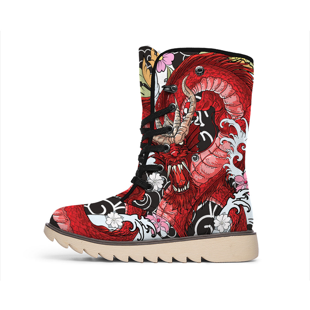 Red Japanese Dragon Tattoo Print Winter Boots