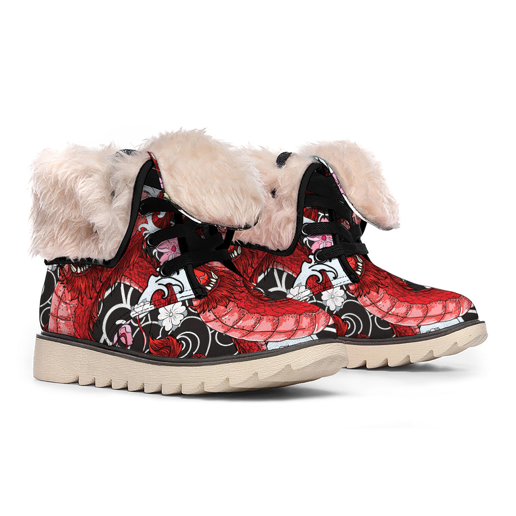 Red Japanese Dragon Tattoo Print Winter Boots