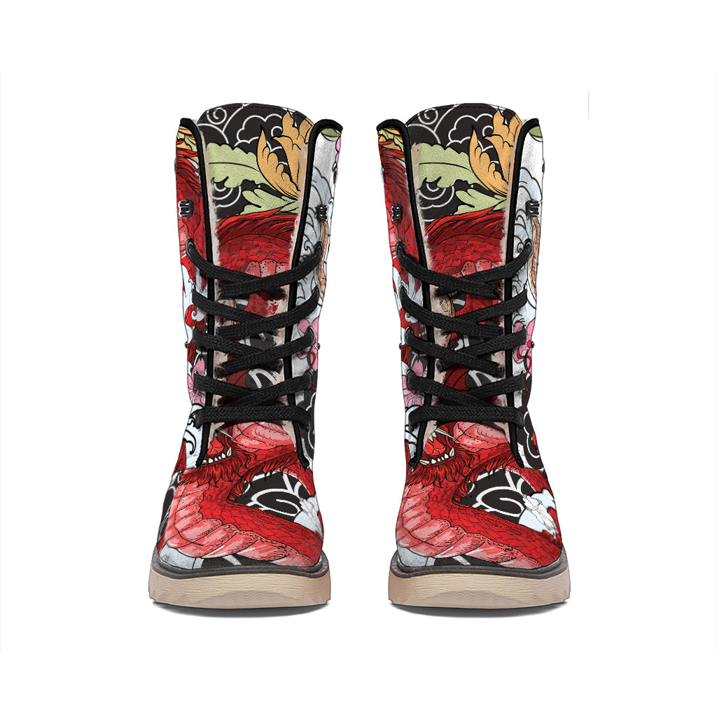 Red Japanese Dragon Tattoo Print Winter Boots