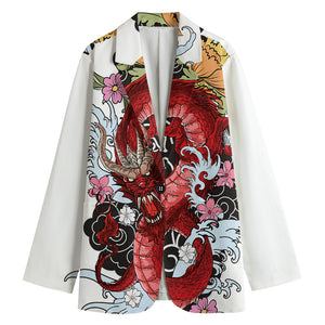 Red Japanese Dragon Tattoo Print Women's Blazer