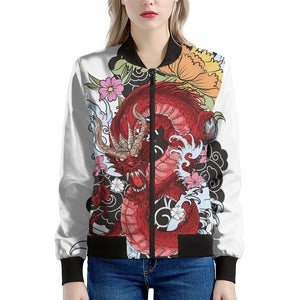 Red Japanese Dragon Tattoo Print Women's Bomber Jacket