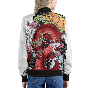 Red Japanese Dragon Tattoo Print Women's Bomber Jacket