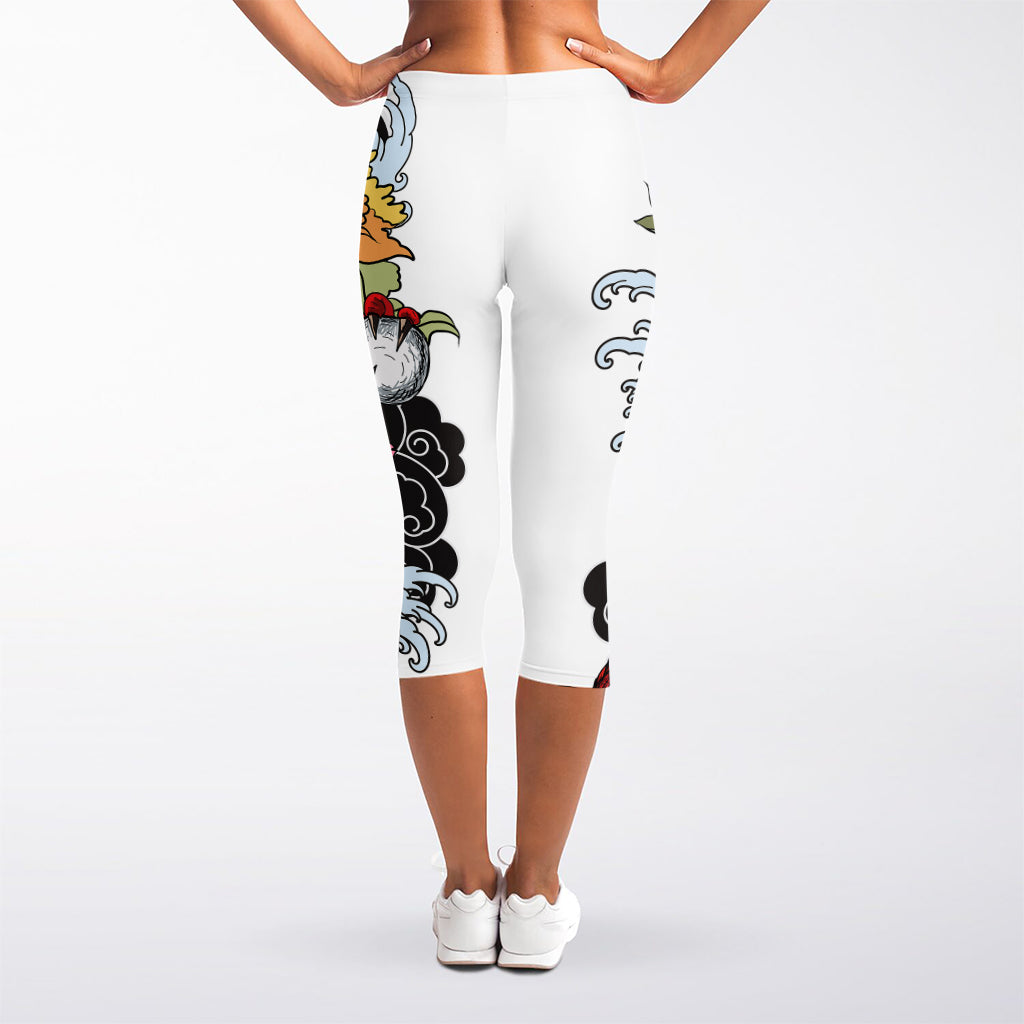 Red Japanese Dragon Tattoo Print Women's Capri Leggings