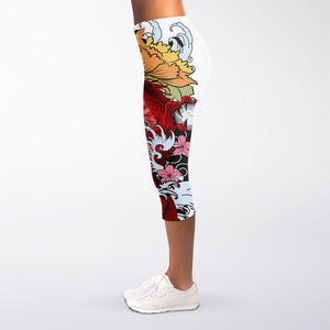 Red Japanese Dragon Tattoo Print Women's Capri Leggings