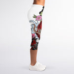 Red Japanese Dragon Tattoo Print Women's Capri Leggings