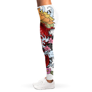 Red Japanese Dragon Tattoo Print Women's Leggings