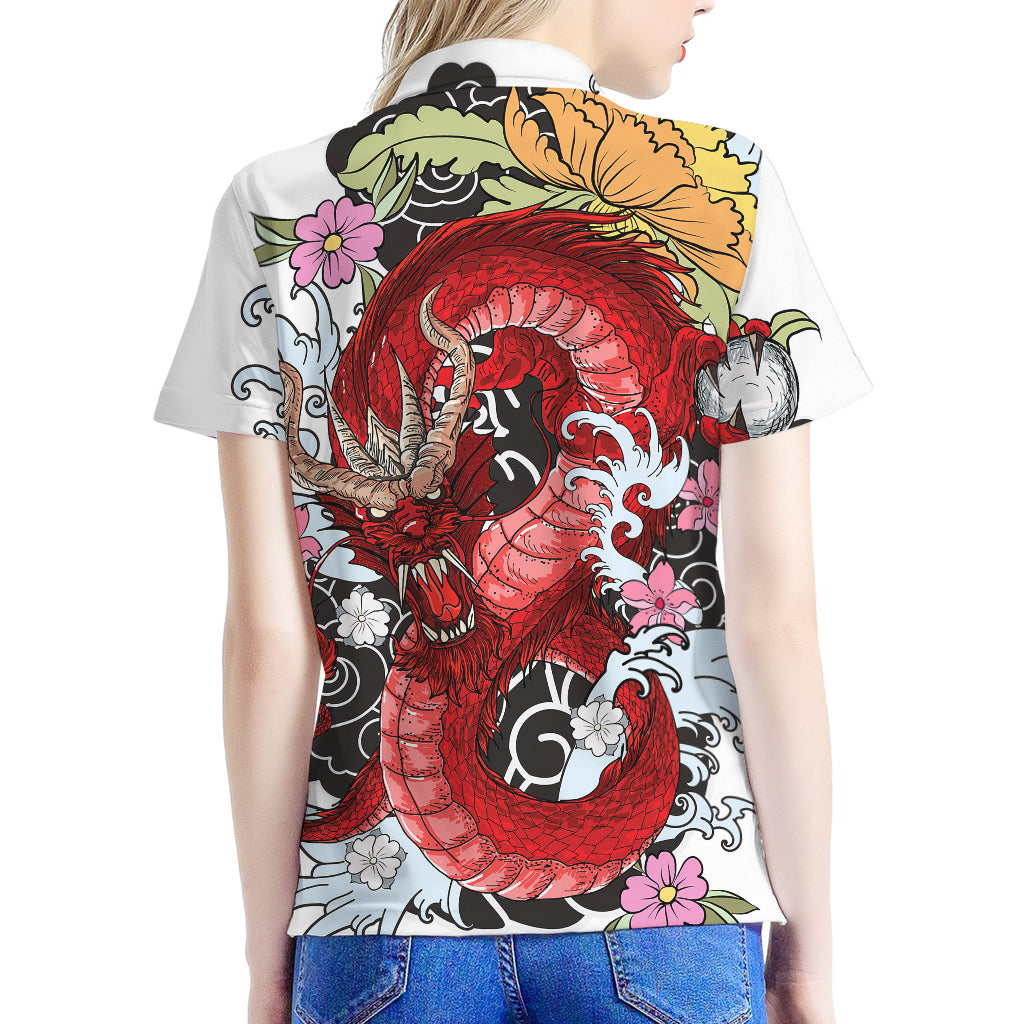 Red Japanese Dragon Tattoo Print Women's Polo Shirt