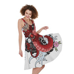 Red Japanese Dragon Tattoo Print Women's Sleeveless Dress