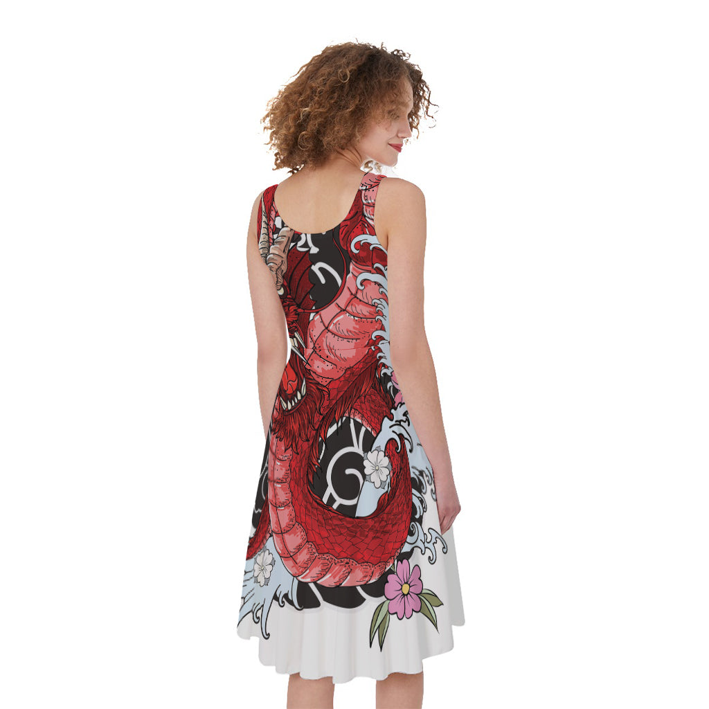 Red Japanese Dragon Tattoo Print Women's Sleeveless Dress