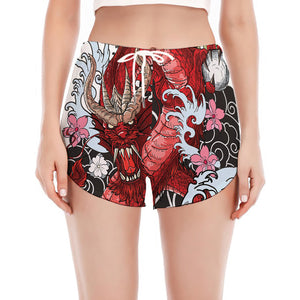 Red Japanese Dragon Tattoo Print Women's Split Running Shorts