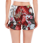 Red Japanese Dragon Tattoo Print Women's Split Running Shorts