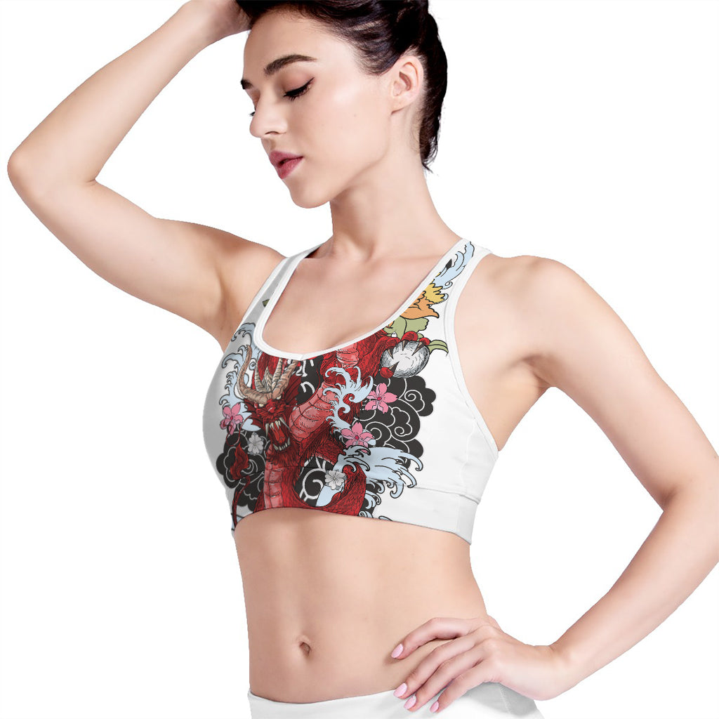 Red Japanese Dragon Tattoo Print Women's Sports Bra