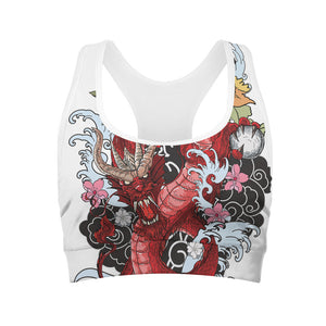 Red Japanese Dragon Tattoo Print Women's Sports Bra