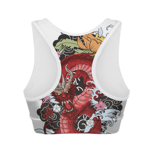 Red Japanese Dragon Tattoo Print Women's Sports Bra