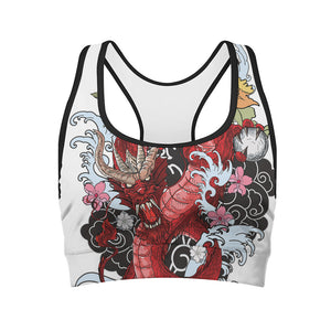 Red Japanese Dragon Tattoo Print Women's Sports Bra