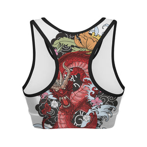 Red Japanese Dragon Tattoo Print Women's Sports Bra