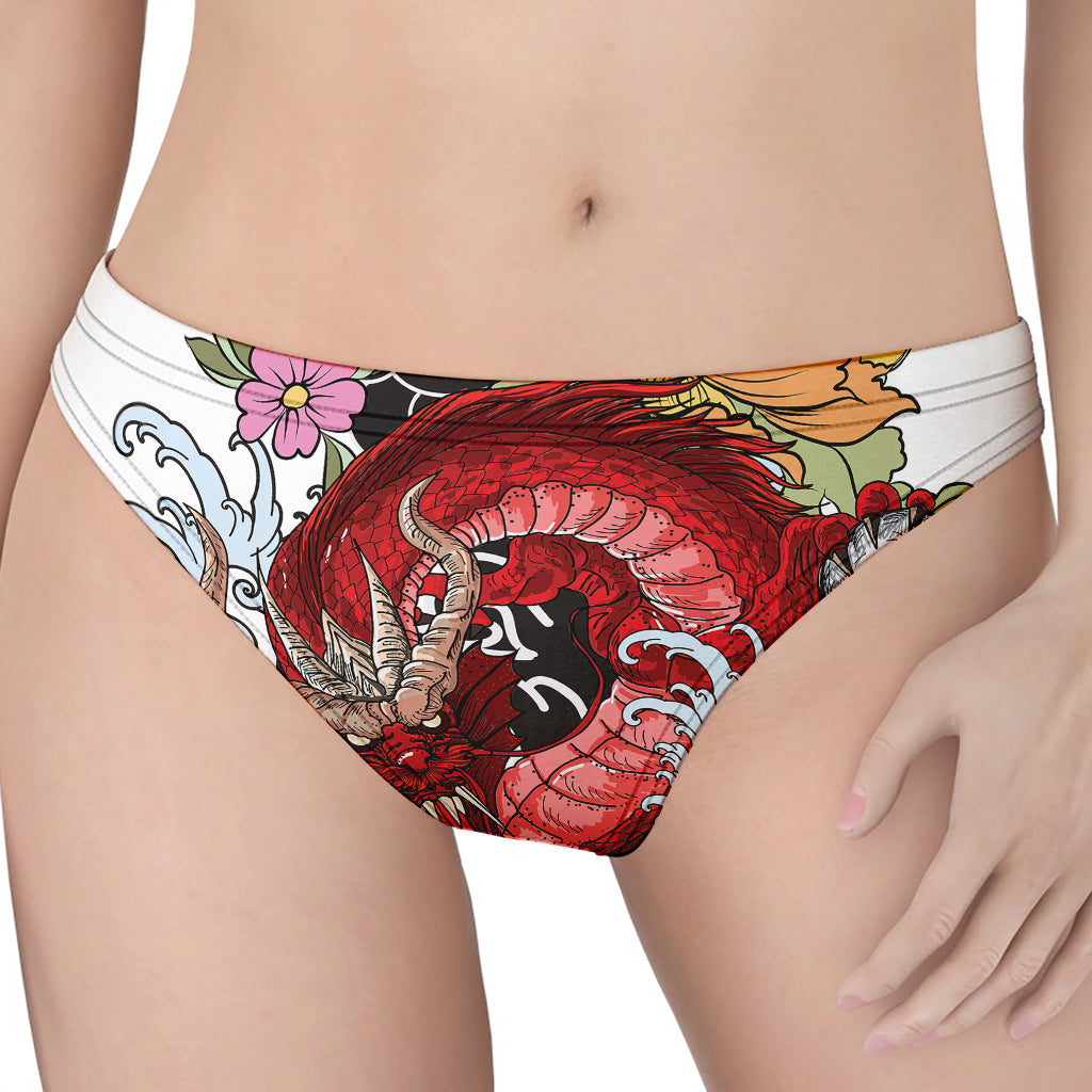 Red Japanese Dragon Tattoo Print Women's Thong