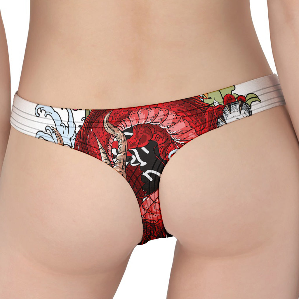 Red Japanese Dragon Tattoo Print Women's Thong