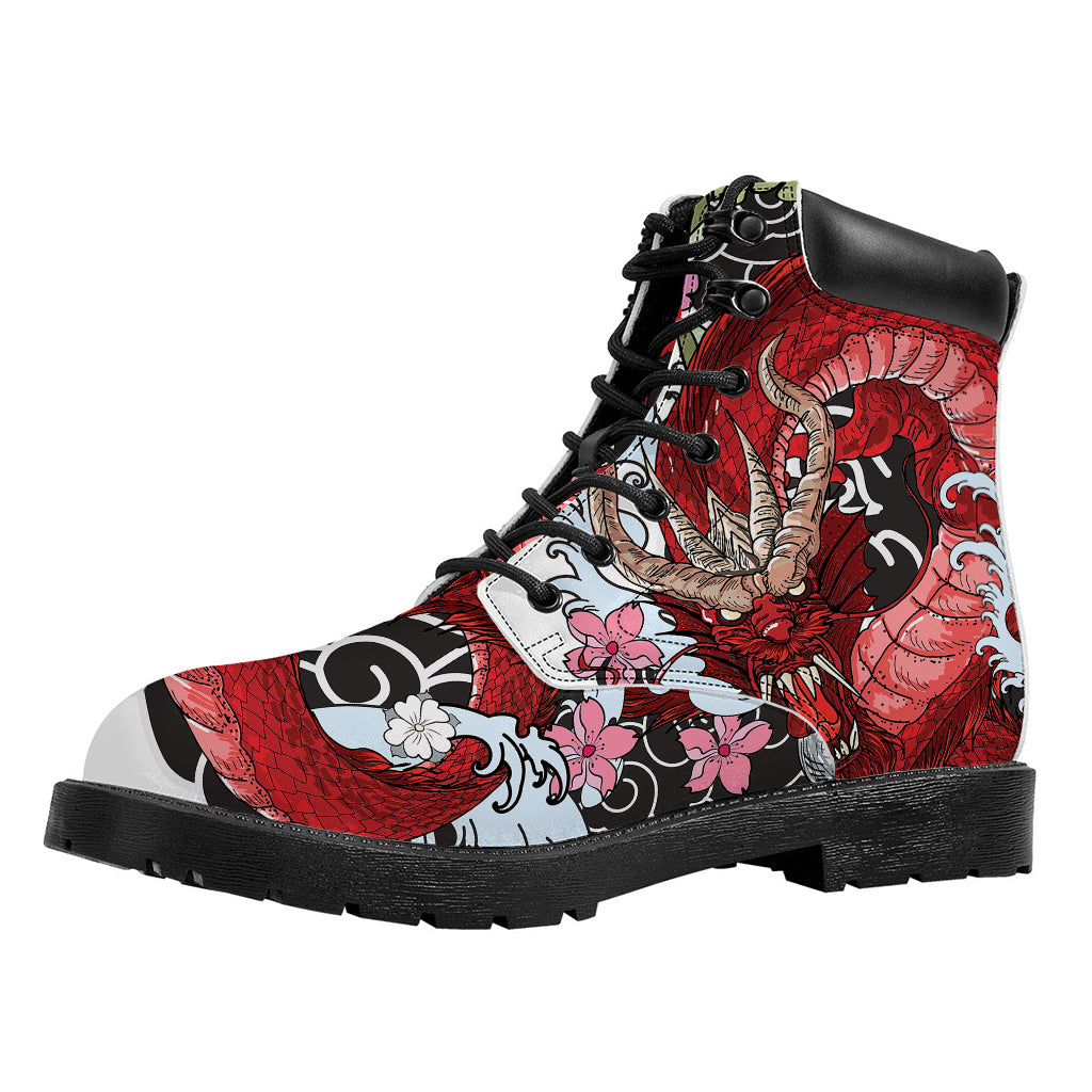 Red Japanese Dragon Tattoo Print Work Boots