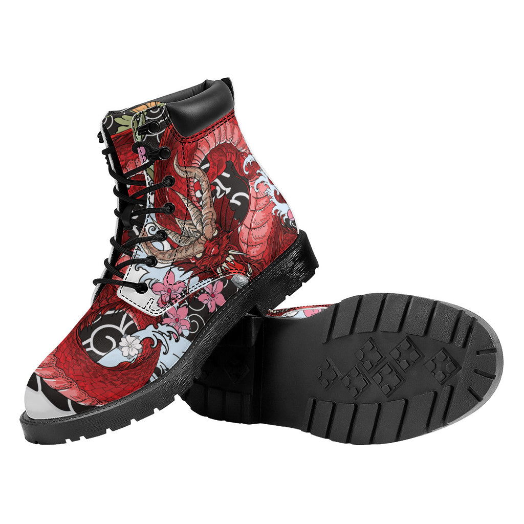 Red Japanese Dragon Tattoo Print Work Boots