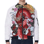 Red Japanese Dragon Tattoo Print Zip Sleeve Bomber Jacket