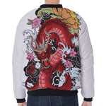 Red Japanese Dragon Tattoo Print Zip Sleeve Bomber Jacket