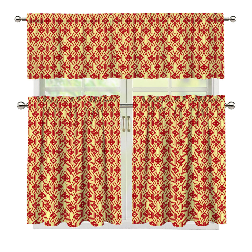 Red Japanese Flower Pattern Print 3 Piece Kitchen Curtains