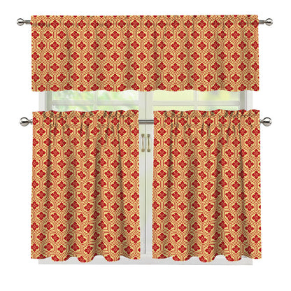 Red Japanese Flower Pattern Print 3 Piece Kitchen Curtains