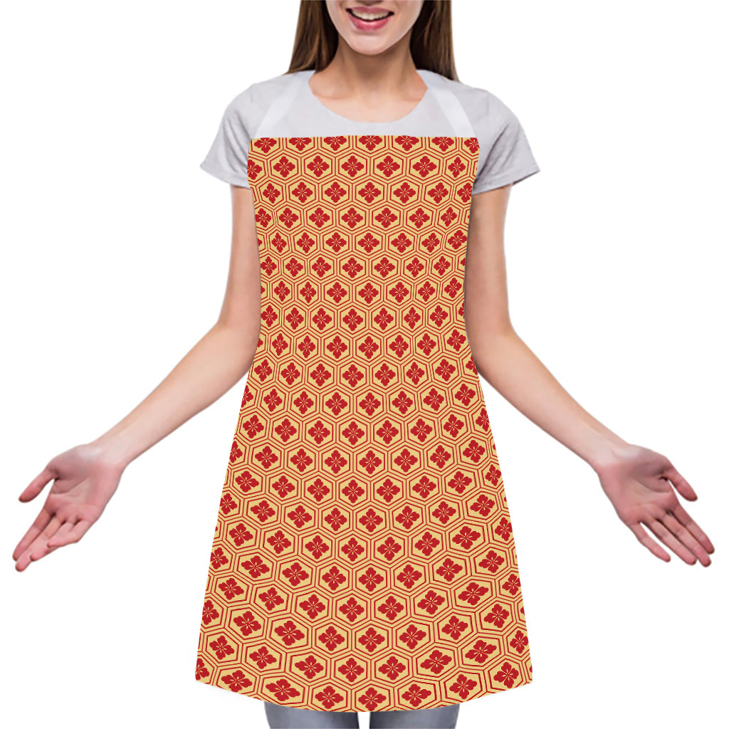 Red Japanese Flower Pattern Print Adjustable Apron