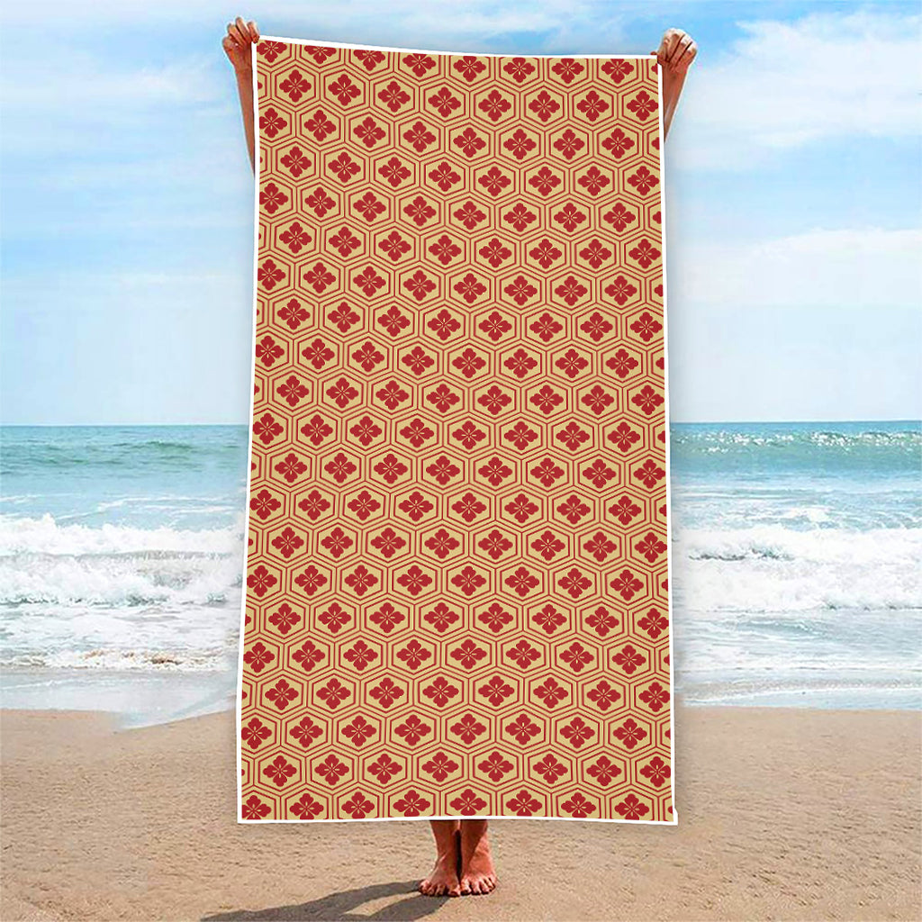Red Japanese Flower Pattern Print Beach Towel