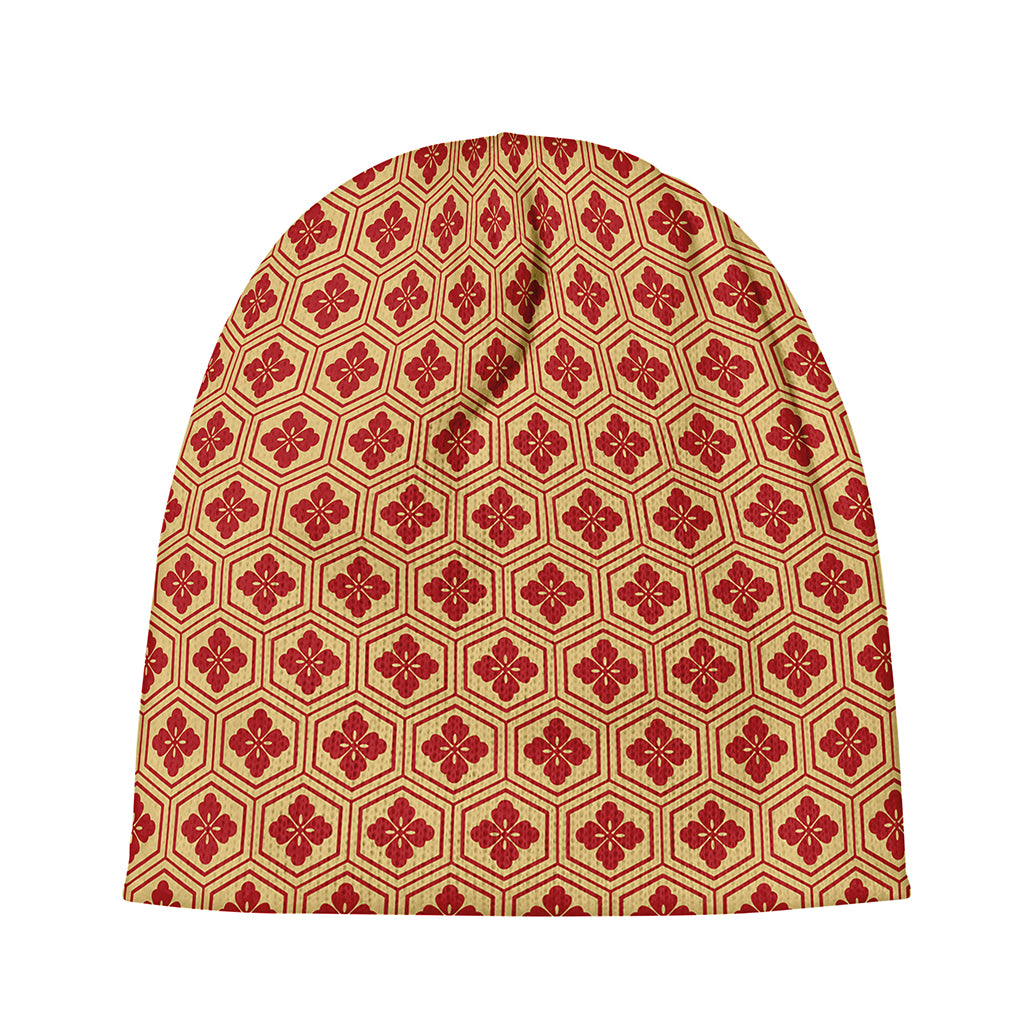 Red Japanese Flower Pattern Print Beanie