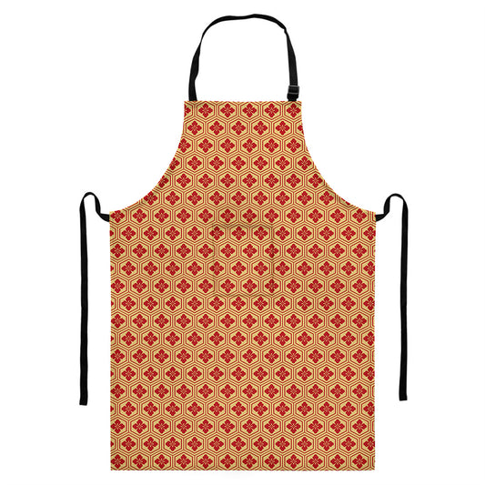 Red Japanese Flower Pattern Print Bib Apron With Pocket