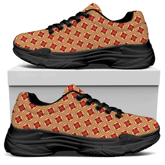 Red Japanese Flower Pattern Print Black Chunky Shoes