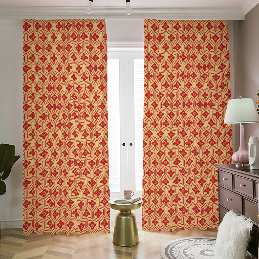 Red Japanese Flower Pattern Print Blackout Pencil Pleat Curtains