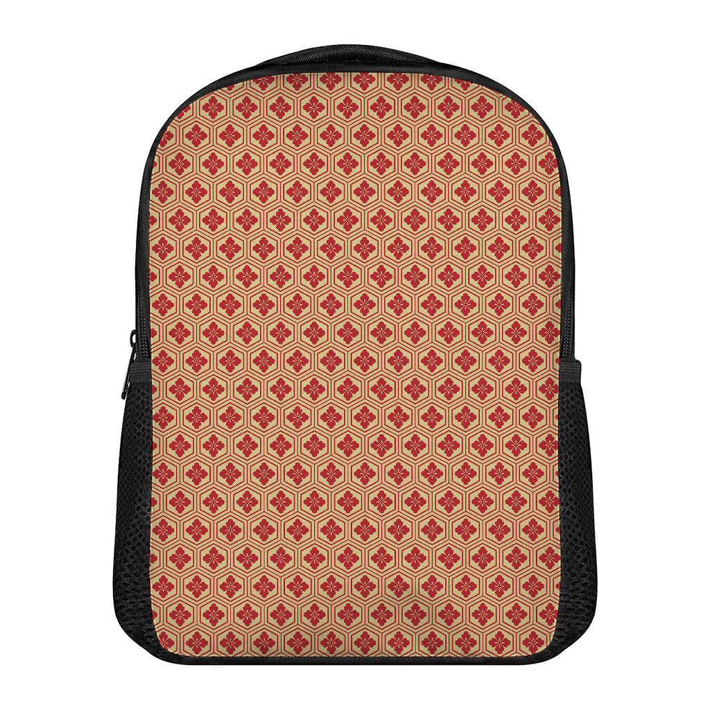 Red Japanese Flower Pattern Print Casual Backpack